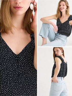 J.Crew Navy Polka Dot Flutter Sleeve Top | Size Large | EUC